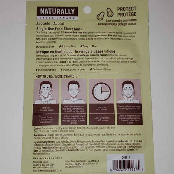 Naturally Upper Canada Single Use Face Sheet Masks - Avocado - Picture 5 of 11